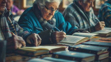 A group of elderly learners focuses on studying foreign languages using textbooks and dictionaries in a cozy community setting.の素材