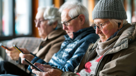 Three elderly people sit together, focused on their smartphones, enjoying the cozy atmosphere of a community center in the afternoon.の素材