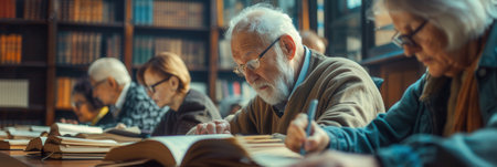 A group of elderly individuals studies foreign languages with textbooks and dictionaries in a warm, inviting library environment.の素材