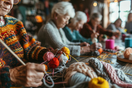 Elderly participants focus on knitting and sewing crafts while learning and sharing techniques in a warm, inviting classroom atmosphere.の素材