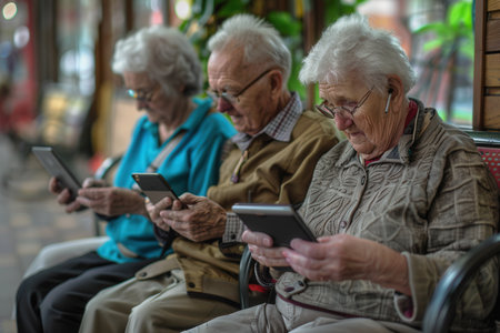 Three elderly people sit side by side, focused on their tablets, enjoying a relaxing moment indoors.の素材