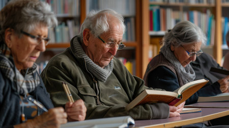 A group of elderly individuals focuses on studying various foreign languages using textbooks and dictionaries in a warm and inviting library.の素材