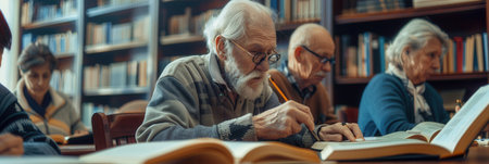 Elderly individuals are focused on studying foreign languages using textbooks and dictionaries in a warm and inviting library.の素材