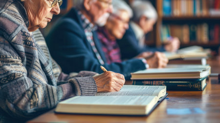 A group of elderly individuals actively studies foreign languages using textbooks and dictionaries, focused and writing notes in a warm library atmosphere.の素材