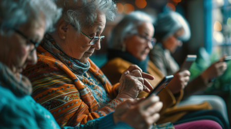 A group of elderly people sits together, immersed in their smartphones, enjoying companionship in a warm, inviting indoor environment.の素材