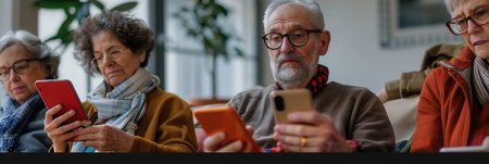 A group of elderly individuals is focused on their smartphones and tablets, enjoying the technology while seated in a warm and inviting lounge.の素材