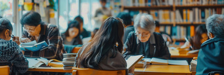 A group of elderly individuals studies foreign languages, focused on textbooks and dictionaries in a cozy library setting.の素材
