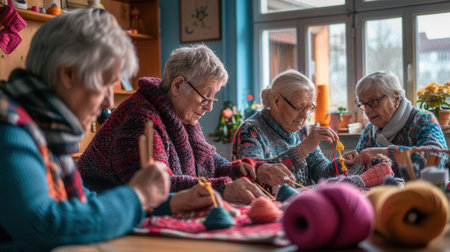 Elderly participants focus on knitting and crafting, sharing techniques and enjoying each other's company in a warm, inviting learning environment.の素材