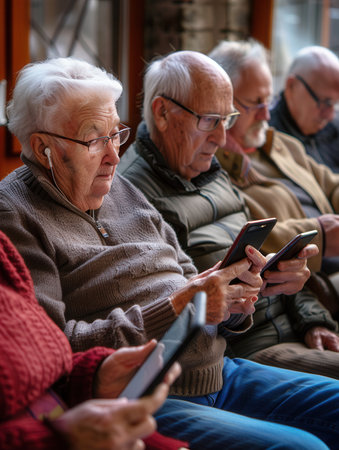 A group of elderly individuals engaged with their smartphones while seated comfortably in a cozy community center during the afternoon hours.の素材