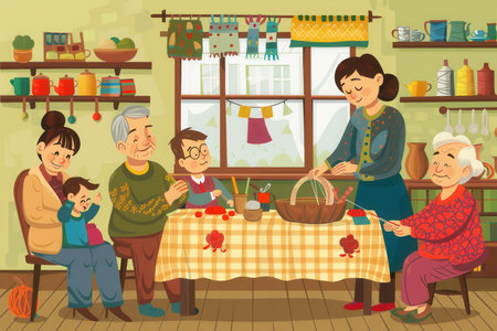 Elderly individuals and children participate in a warm, engaging crafting session, creating various items together in a lively classroom atmosphere.の素材