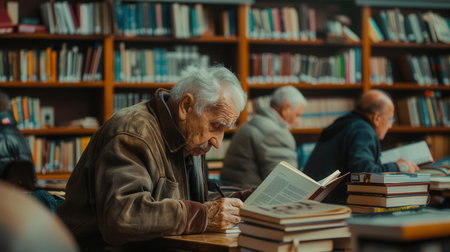 Elderly students study foreign languages with textbooks and dictionaries, focusing intently in a quiet library filled with shelves of books.の素材