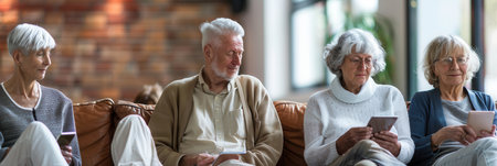 Four elderly people sit on a couch, each reading quietly, creating a serene and cozy atmosphere in the living room.の素材
