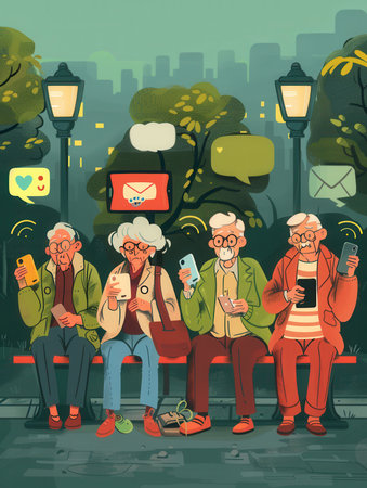 Four elderly individuals sit together in a park, engaged with their smartphones as they share moments and communicate in the evening glow.の素材