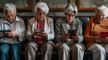 Four elderly women sit closely together, focused on their smartphones, creating a lively atmosphere of connection and technology.の素材
