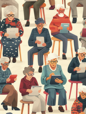 A gathering of elderly people focused on their digital devices while seated on colorful stools, illustrating interaction with technology in a lively setting.の素材