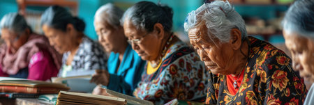 A group of elderly individuals focuses intently on studying foreign languages, surrounded by textbooks and dictionaries in a lively classroom environment.の素材