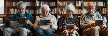 A group of elderly individuals are focused on their tablets, seated comfortably in a warm, inviting library surrounded by bookshelves.の素材