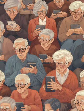 A group of elderly individuals interacts with their devices, focused on screens in a warm, cozy community setting filled with soft lighting.の素材
