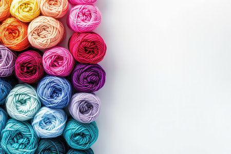 A vibrant collection of yarn rolls is neatly organized, providing ample space for adding personalized text or artistic designs.の素材