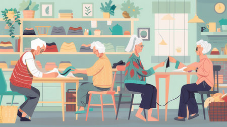 Elderly individuals joyfully participate in knitting and sewing, sharing skills and creativity in a warm, inviting craft space.の素材