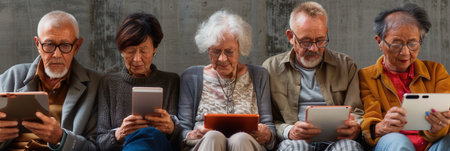 A group of elderly individuals sits closely together, focused on their digital devices, enjoying a moment of shared technology use in a cozy environment.の素材