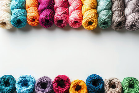 Brightly colored yarn rolls are neatly arranged in a grid, providing ample negative space for creative text or designs.の素材
