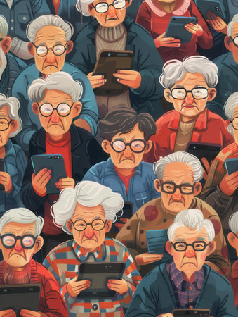 A diverse group of elderly individuals attentively using tablets while sitting together outdoors on a pleasant day, sharing a moment of connection.の素材