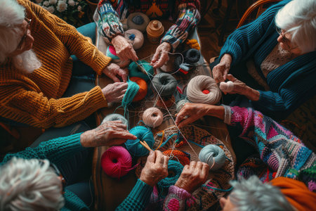 Elderly people are engaged in knitting and crafting, surrounded by colorful yarn in a warm and inviting learning space.の素材