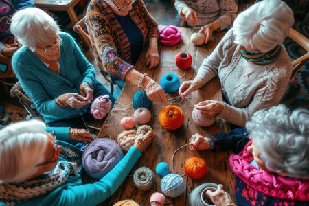 Elderly individuals gather to knit and sew, sharing skills and enjoying each other's company in a community center learning environment.の素材