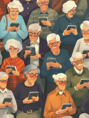 A group of elderly individuals are intently focused on their devices, showing active engagement with technology during a community event.の素材
