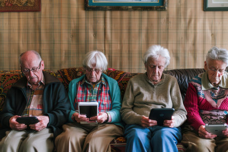 Four elderly individuals are focused on their devices, seated comfortably on a sofa in a cozy living room filled with warmth and character.の素材