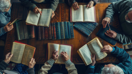 A group of elderly learners eagerly studies foreign languages using textbooks and dictionaries gathered around a wooden table in a warm atmosphere.の素材