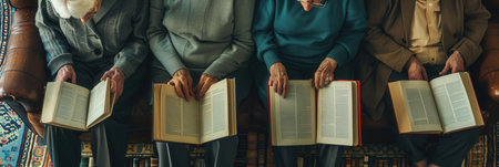 Elderly individuals focus intently on their language studies using textbooks and dictionaries in a comfortable library environment.の素材