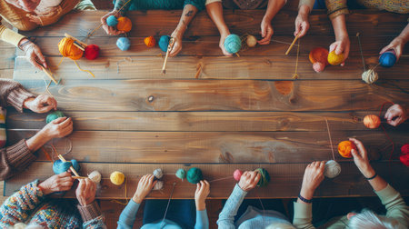 Elderly individuals gather at a table engaged in knitting and sewing, showcasing creativity in a supportive learning environment.の素材