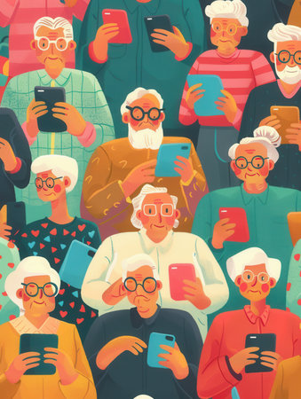 A diverse group of elderly people are focused on their smartphones, showing their engagement with technology in a vibrant community space.の素材