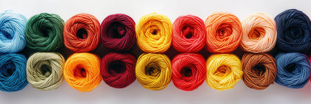 A vibrant assortment of neatly arranged yarn rolls showcases various colors against a clean white backdrop, ideal for crafting inspiration and text.の素材