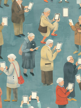 A group of elderly individuals gathers at a community center, eagerly learning to use tablets and explore technology together.の素材