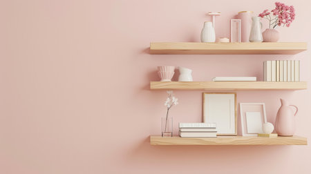 A shelf unit displays decorative items like books, vases, and photo frames, enhancing the cozy atmosphere of the pastel-colored wall.の素材