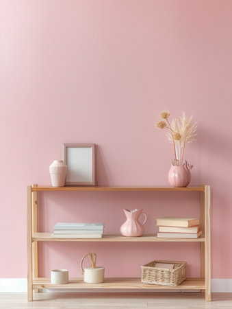A shelf unit showcases decorative books, vases, and framed photos set against a calm pastel wall, adding a chic touch to the room's decor.の素材