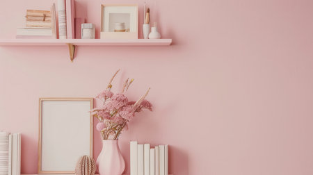 The shelf features decorative items including books, vases, and photo frames, beautifully arranged against a soft pastel wall, creating a cozy atmosphere.の素材