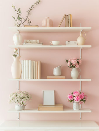 Decorative shelf unit displays books, vases, and photo frames artistically arranged against a soft pastel wall in a cozy indoor setting.の素材