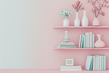 A shelf unit displays decorative items like books, vases, and frames, all set against a calming pastel wall, creating an inviting atmosphere.の素材