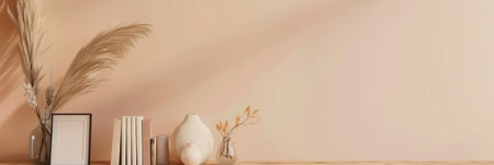 A shelf is filled with books, vases, and framed photos, creating a harmonious and organized display in a tranquil room.の素材