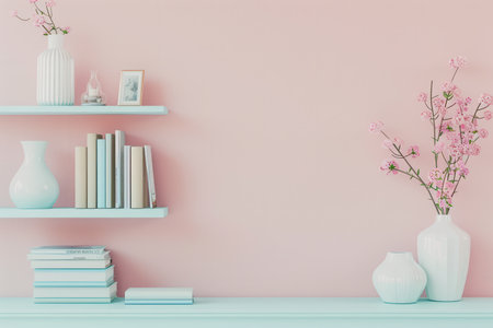 A shelf unit showcases books, vases, and photo frames, creating a charming display against a soothing pastel wall.の素材