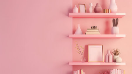 A shelf unit displays a variety of decorative items, including books and vases, creating a stylish and inviting atmosphere against a pastel backdrop.の素材