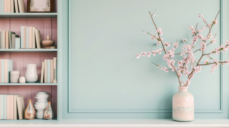 A shelf unit displays decorative books, vases, and photo frames beneath a soft pastel wall, creating an inviting and stylish living space.の素材
