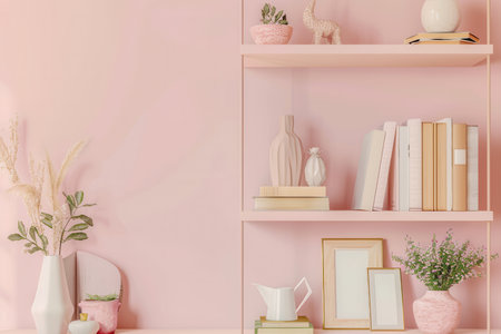A shelf displays decorative books, vases, and photo frames against a calming pastel wall, creating a serene and organized aesthetic.の素材