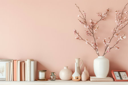 A shelf unit displays arranged books, vases, and photo frames against a soft pastel wall, creating a warm and inviting atmosphere.の素材