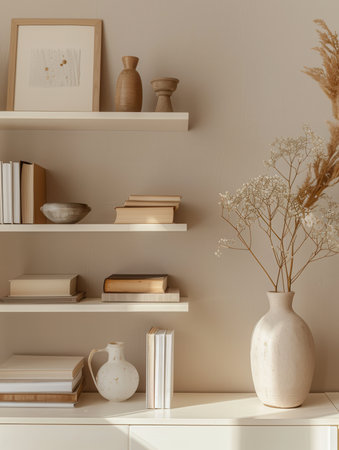 The shelf unit showcases an elegant arrangement of books, vases, and photo frames, harmonizing beautifully with the soft pastel wall.の素材