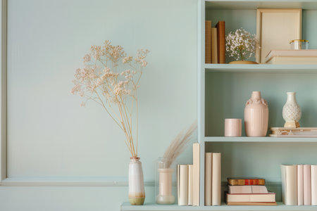 A shelf unit displays books, vases, and photo frames, creating a harmonious atmosphere against a soft pastel wall in a cozy room.の素材